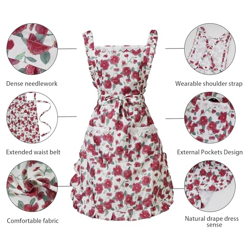 Funny Aprons for Women with Pockets (Red Floral)