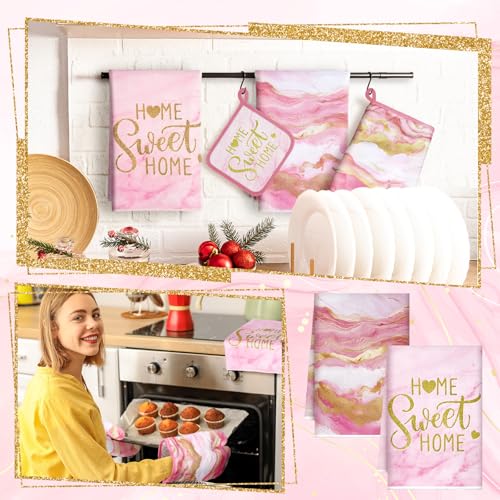 6 Pcs Pink Kitchen Decor Marble Kitchen Towels Set Pot Holders and Oven Mitts Pink Marble Linens Set for Baking Cooking Grilling Cleaning Supply Accessories (Pink)