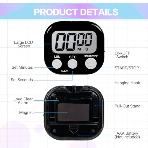 54 Pcs Kitchen Timer Bulk with Small Magnetic Backing Stand Liubeili Digital Timers Manual Electronic Alarm Clock Visual LCD Display for Teacher Toothbrush Exercise Oven Classroom Baking