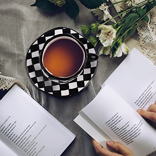 10oz Ceramic Coffee Mug With Saucer (Black and White Plaid)