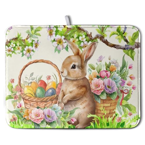 Happy Easter Bunny Kitchen Dish Drying Mat for Dishes 18x24 Inch Spring Colorful Floral Flower Basket Drying Mats Easter Eggs Dish Drainer Mat Super Absorbent Dish Rack Pad for Coffee Bar Sinks (Easter Bunny / 18" x 24")