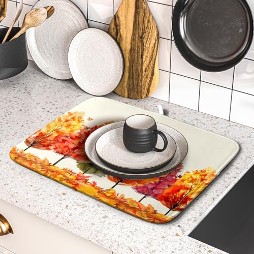Fall Maple Leaves Dish Drying Mat for Kitchen Counter 18x16 Inch Watercolor Autumn Drying Mat with Absorbent Reversible Microfiber Orange Dish Drainer Mats Rack Pad for Coffee Countertop Protector (Green Orange / 18" x 16")