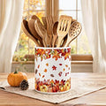 Fall Ceramic Utensil Holder Orange Watercolor Pumpkin Maple Leaf Kitchen Crock for Autumn Harvest Thanksgiving Countertop Storage Organizer (Orange Maple Leaf)
