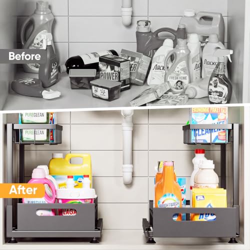 2-Pack L-Shaped Under Sink Organizer, 2-Tier Pull-out Cabinet Rack (Black / 2 Pack)