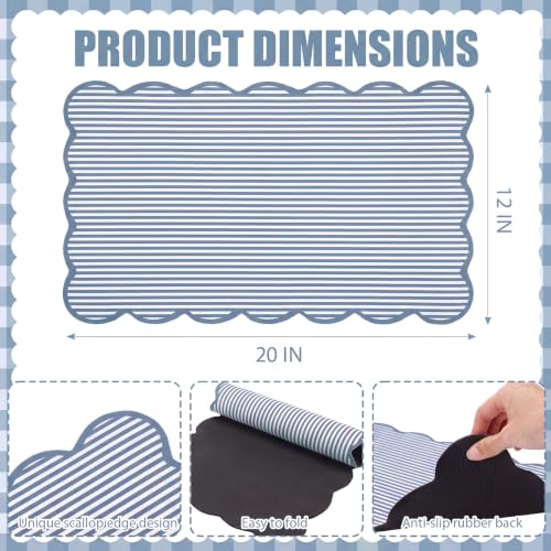 Blue Ticking Stripe Scalloped Coffee Mat 12" x 20" Bar Mat (Blue / Ticking Stripe)