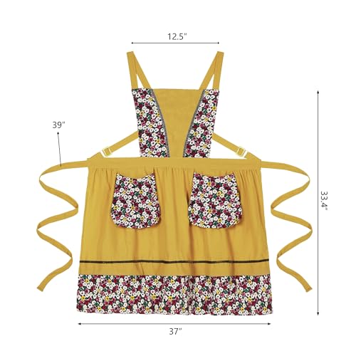 Kitchen Aprons for Women with Pockets Cute Floral Chef Pinafore Apron for Gardening Cooking Baking Painting (Mustard)