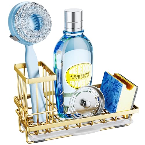 Sink Caddy Kitchen Sink Organizer with Detachable Brush Holder (Gold / Medium)