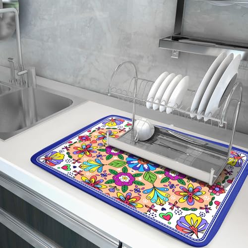 Mexican Talavera Dish Drying Mat Navy Blue Large Microfiber Dish Drain Pad for Kitchen Decor 18 x 24 In (Mexican Talavera Blue / 24" x 18")