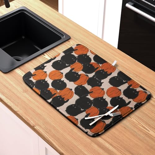 Happy Halloween Dish Drying Mat for Kitchen Counter 16x18 Inch Cute Pumpkin Black Cat Trick or Treat Drying Mats Large Microfiber Absorbent Dish Rack Pad for Coffee Bar Sinks Home Accessories (Halloween Cat / 16" x 18")