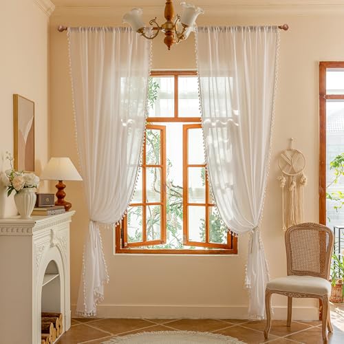 White 63 inch Length Semi Sheer Curtain for Short Window Light Filtering Privacy Protect Drapes Set (Z-pure White / 50"W x 63"L (Pack of 2))
