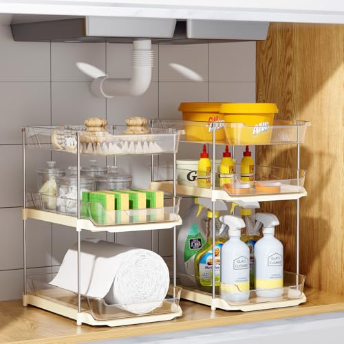 2 Pack 3 Tier Bathroom Under Sink Organizers and Storage (Beige / 2 Pack 3-Tier)