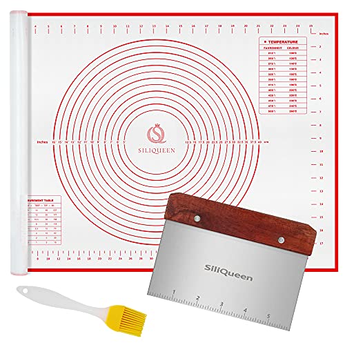 Silicone Pastry Baking Mat with Measurements Extra a Brush and a Dough Scraper (27.5"(L) x 20"(W) / Red)