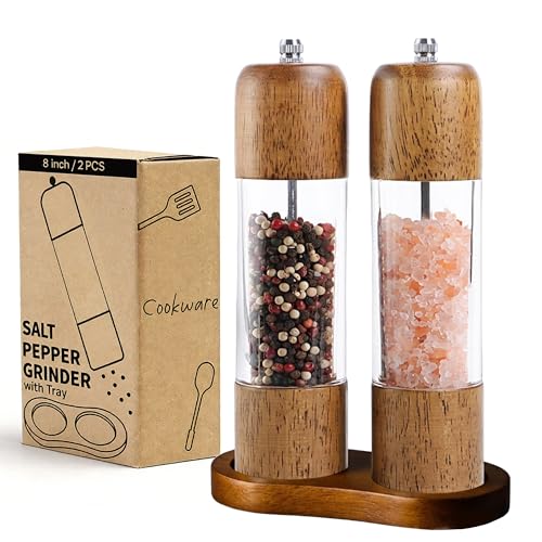 Wooden Salt and Pepper Grinder Set (8 Inches-2 Packs with Tray)