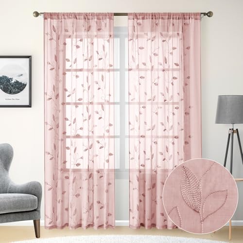 Blush Pink Sheer Curtains Floral Embroidered (52"W x 84"L (Pack of 2) / Blush Pink)