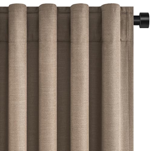 Black Out Curtains 63 Inch Long for Bedroom Linen Drape with Rings Hooks Back Tab Thermal Insulated Short Linen Blackout Drapes Farmhouse Living Room Darkening Kitchen Curtains 2 Panels (Faux Linen / 52"W x 63"L (Pack of 2))
