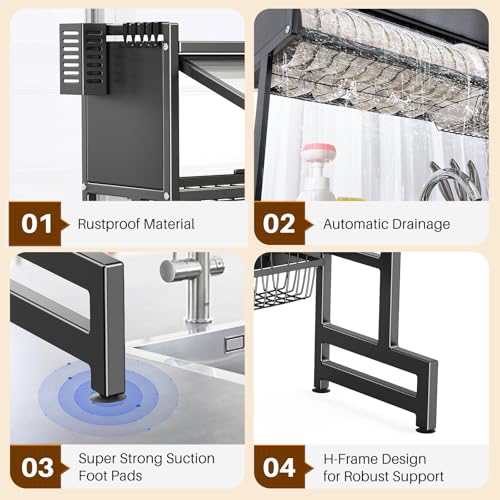 Over The Sink Dish Drainer Drying Rack 3 Tiers with Cover (Black / 37.4in)