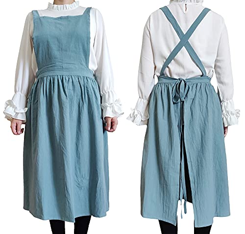 Women Girls Vintage Apron Gardening Works Cross Back Pinafore Dress (Green / One Size)