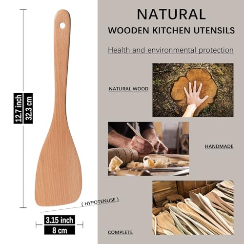 Wooden Spatulas for Cooking (Beech Yellowish / Thin 12.8" Angled Edge)