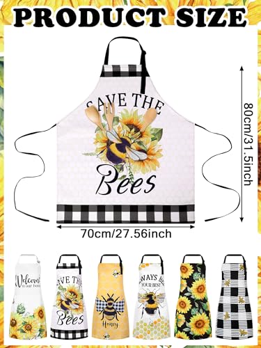 6 Pcs Sunflower Bee Aprons for Women with Pockets (Yellow, Black, White / Sunflower Bee)