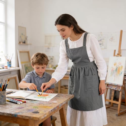 Linen Cotton Pinafore Apron Dress for Women with Pockets (Grey)