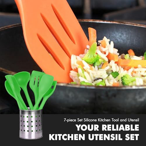 Premium Silicone Kitchen Tool and Utensil Set (7 Piece Set / Green)