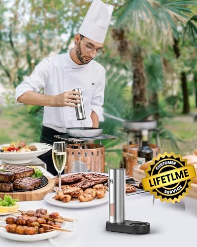 Electric Salt and Pepper Grinder Set with Rechargeable Base (Stainless Steel)