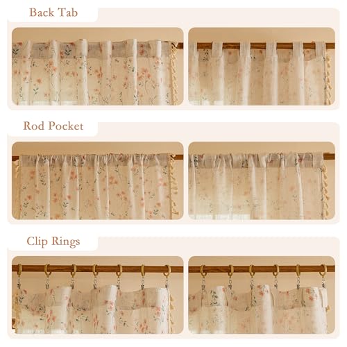 Pink Floral Boho Linen Farmhouse Spring Curtains 84 Inches Long 2 Panels Set Rustic Pattern Semi Sheer Drapes with Tassels Back Tab for Living Room Girls Bedroom Nursery (Pink / 50"W x 84"L (Pack of 2))