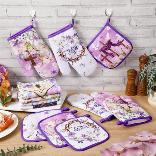 12 Pcs Easter Kitchen Accessories Set Easter He is Risen Oven Mitts Pot Holders Kitchen Towels Christian Religious Decorations for Home Accessories (Cross)