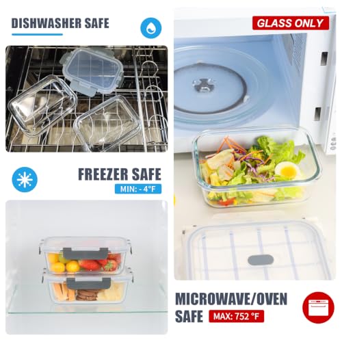 6 Pack 34oz Glass Meal Prep Containers with Lids (34oz - Grey)