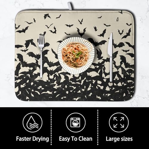 Halloween Bats Halloween Dish Drying Mat for Kitchen Counter 16x18 Inch Microfiber Absorbent Drying Mats Washable Dishes Drainer Mats Reusable Dish Rack Pad for Coffee Bar (Halloween Bats-b / 16" x 18")