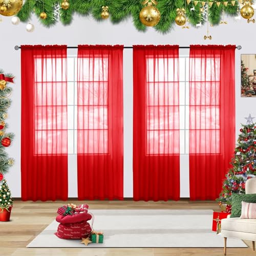 Solid Sheer Rod Pocket Curtain Voile Draperies 4 Panels White Beige Black Grey Ivory 52 Inch Width 84 Inch Long 1 Pair for Kitchen Bedroom Children Living Room Yard (Red / 52"W x 84"L (Pack of 4))