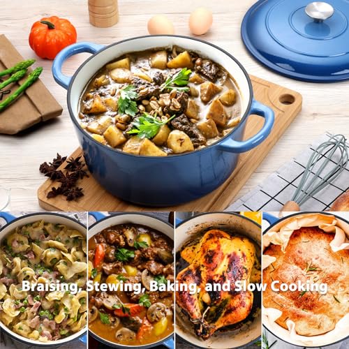 6 Quart Enameled Cast Iron Dutch Oven with Lid (6 QT-Round / Blue)