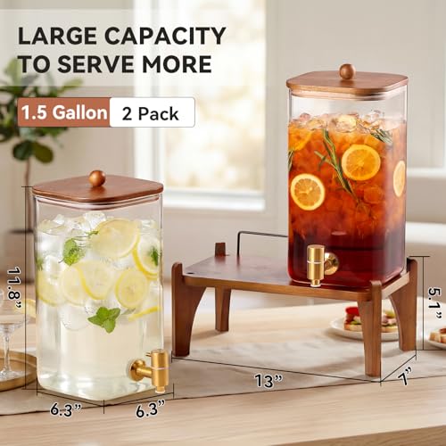2 Pack 1.5 Gallon Square Glass Drink Dispenser with Wooden Stand & Lid