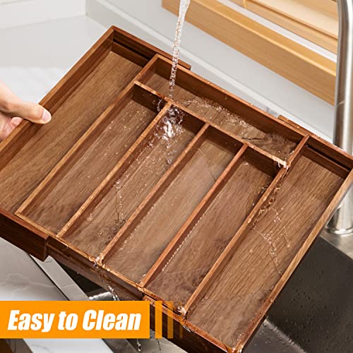 Acacia Silverware Organizer Kitchen Drawer Organizer Expandable Bamboo Utensil Holder Cutlery Tray for Kitchen Utensil and Flatware Bedroom Office (Acacia / 7 Slots Expandable)