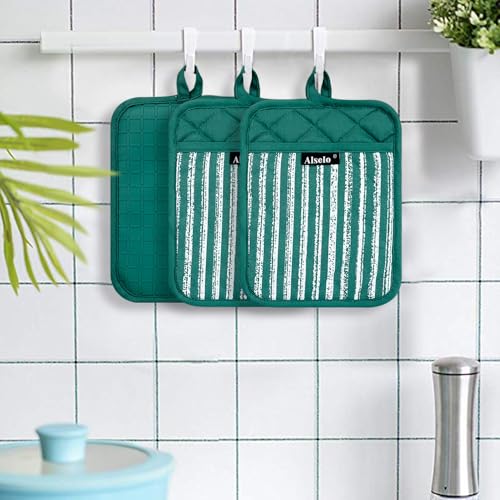 Silicone Pot Holders Set of 3 Heat Resistant & Non Slip Potholders (Emerald Green)
