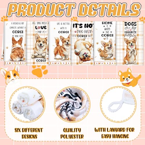 6 Pcs Funny Corgi Kitchen Towels Gifts for Corgi Lovers Dish Towel Yellow White Dog Kitchen Hand Decorative Tea Dishcloth with Hanging Loop for Dog Owners Bathroom Home Housewarming Gift (Corgi)
