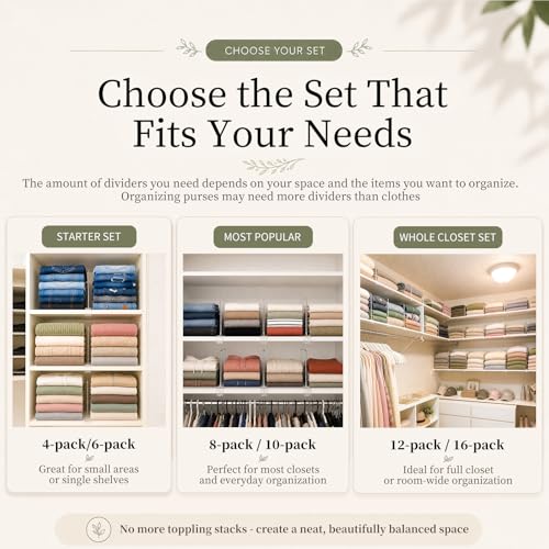 Shelf Dividers Purse Organizer for Closet (Standard: 8" Tall X 12" Deep / Clear:6-pack)