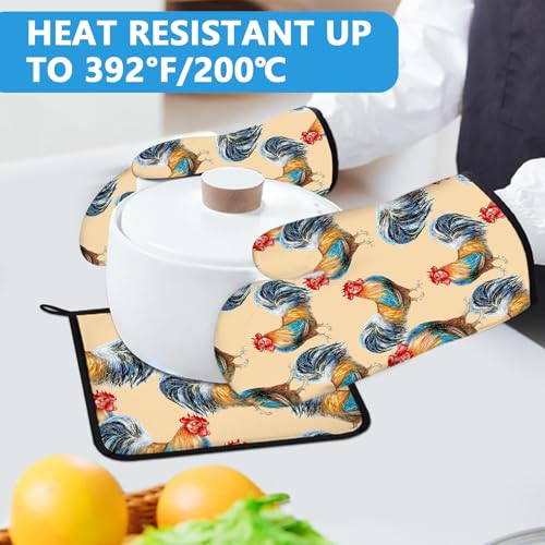Watercolor Rooster Oven Mitts and Pot Holders Sets Heat Resistant 4Pcs Potholders Oven Gloves Hot Pads for Kitchen Baking Cooking Grilling BBQ (Watercolor Rooster)
