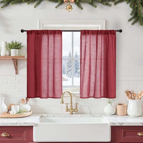 Burgundy Linen Kitchen Curtains for Window Over Sink (Burgundy / 30"W x 36"L (Pack of 2))