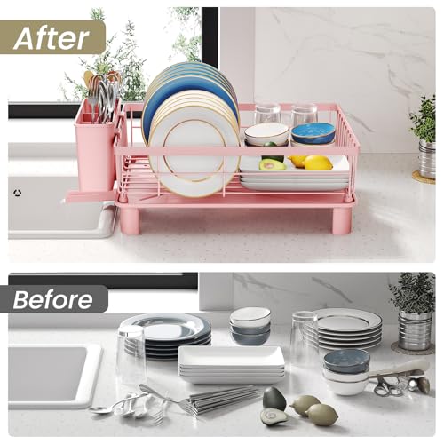 Dish Drying Rack for Small Kitchen Counter (Pink / 11" W x 15" L)