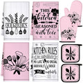 8 Pcs Kitchen Towels and Oven Mitts Sets Pot Holders Dishcloths Set Kitchen Decorative Accessories Absorbent Potholders Heat Resistant for Chef Baking Cooking (Pink and White / Exquisite)