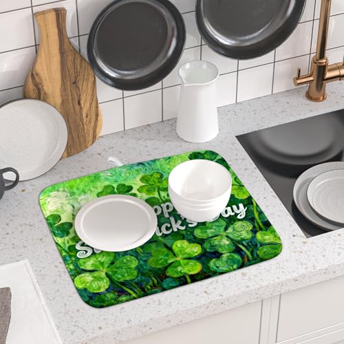 St Patricks Day Lucky Clover Dish Drying Mat for Kitchen Counter 16x18 Green Shamrock Happy Holiday Theme Absorbent Reversible Microfiber Drying Mats Kitchen Countertop Protector Dishes Drainer Pad (16" x 18")