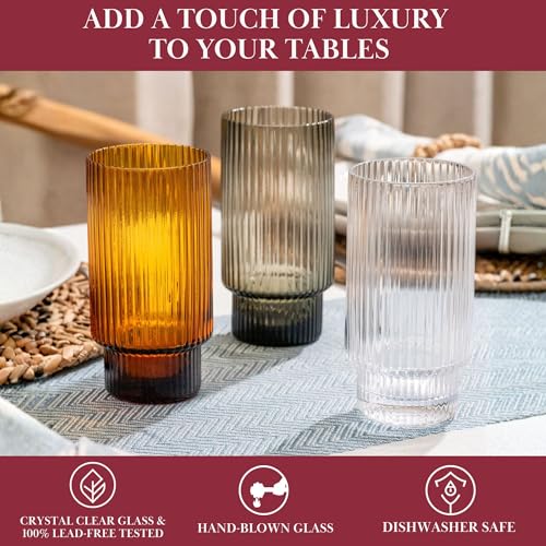 Qualia Carousel Gray Highball Glasses Set of 4 Ribbed Glass Cups 18 oz Fluted Cocktail Glasses Lead (Gray)