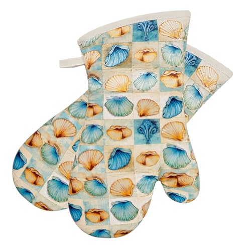 Oven Mitts Gloves 1 Pair Heat Resistant 480 ℉ Non Slip Clear Silicone Printed Shell Comfortable Cotton Lining Kitchen Men Cooking Barbecue Machine Washable (Shell, Beige Mitts)