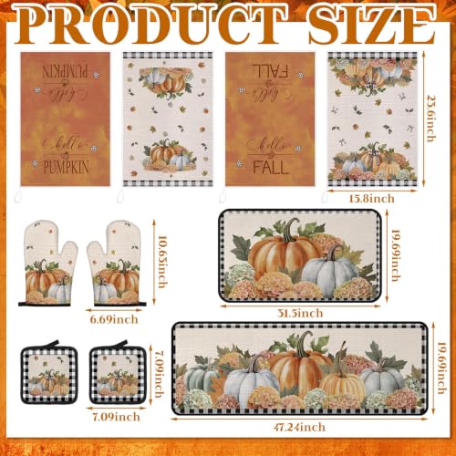 10 Pcs Fall Pumpkin Kitchen Decor Set Kitchen Towels Pot Holders Oven Mitts and Rugs Set Thanksgiving Towels for Baking Cooking BBQ Autumn Home (Beige, Orange / Vintage)