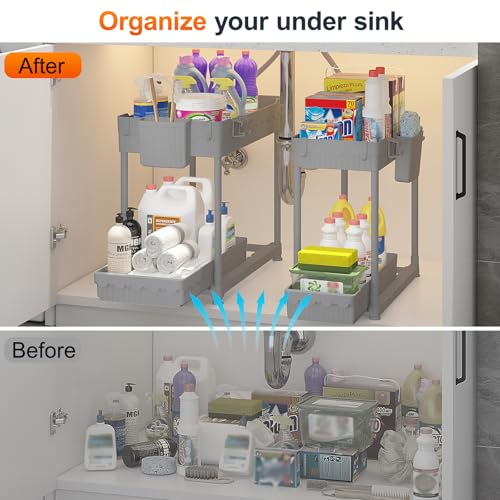 4-Pack 2-Tier Under Sink Organizer with Pull Out Drawers (Grey / 14.8 Inch)