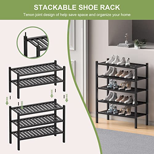 2 Tier (Thick) Bamboo Shoe Rack for Closet Free Standing Wood Shoe Shelf for Entryway Small Space Stackable 27"x12"x14" (Black) (Black / 2 Tier(Thick))