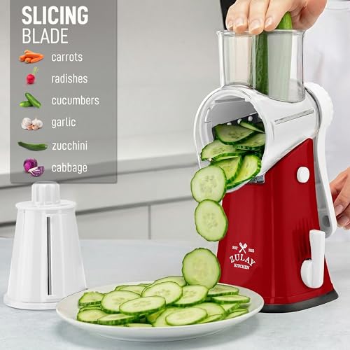 Rotary Cheese Grater Manual Hand Crank 5 Blade Shredder (5 Blades / White and Red)