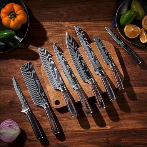 SENKEN 8 piece Premium Japanese Kitchen Knife Set with Laser Damascus Pattern