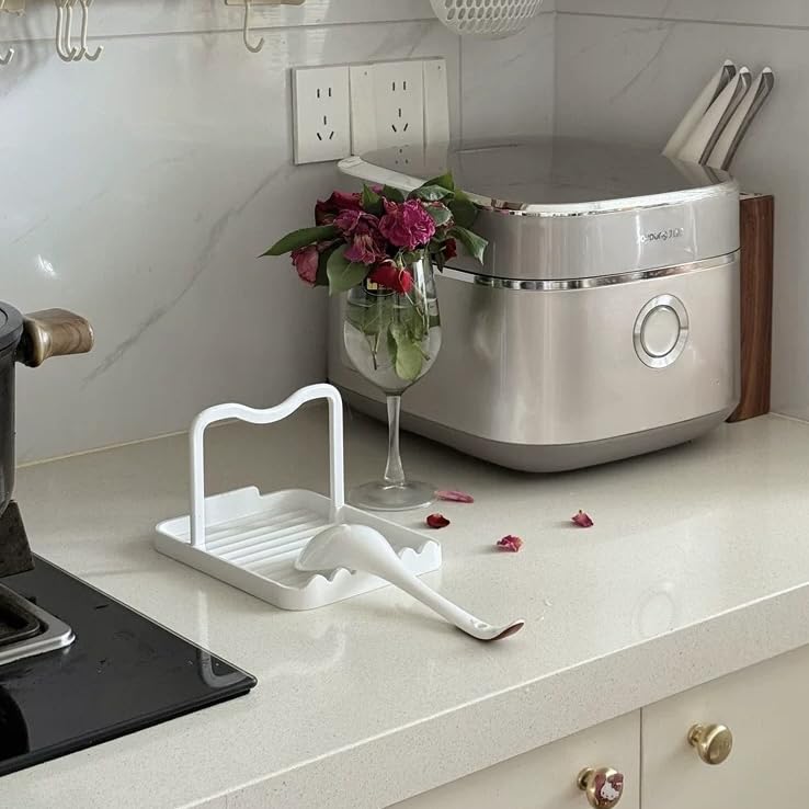 Anti Rust Metal Spoon Rest with Lid Holder While Cooking (White / 1-LAYER)